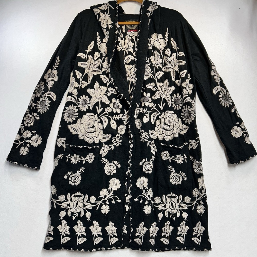 Johnny Was Biya Embroidered Lior Duster M Cotton Long Coat Black Floral Hooded